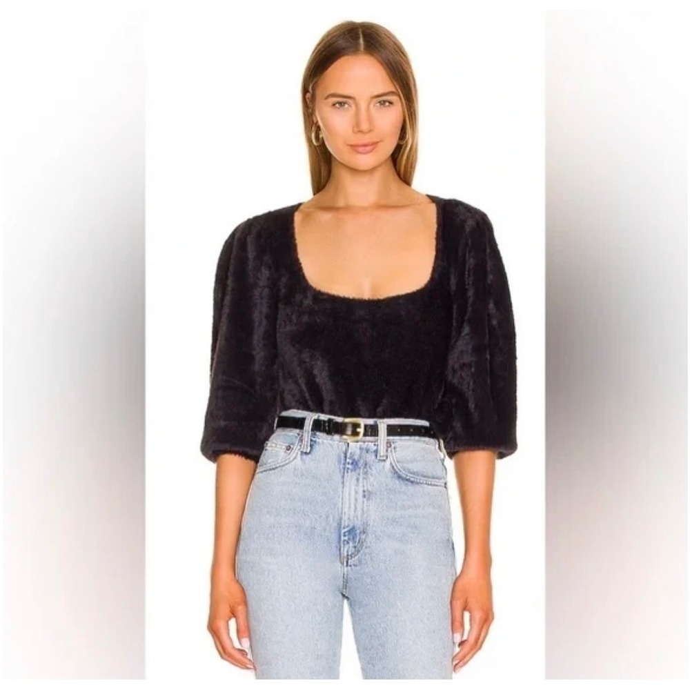 Free People Moonbeam‎ Pullover Black Fuzzy Square Neck Puff Sleeve Crop Sweater